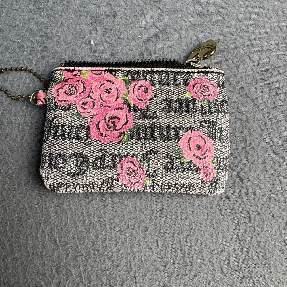 Juicy Couture Gothic Logo Pink Rose Glitter Coin Purse Wallet Gold Heart Zip